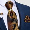Mens Fashion Tie Set Black Silk Necktie Handkerchief Cufflinks Gold Alloy Ring Business Accessories