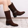 Suede Mid-Tube Boots Autumn New Pointed Toe Sleeve Belt Buckle Soft Sole Non-Slip Block Heel Skinny Boots