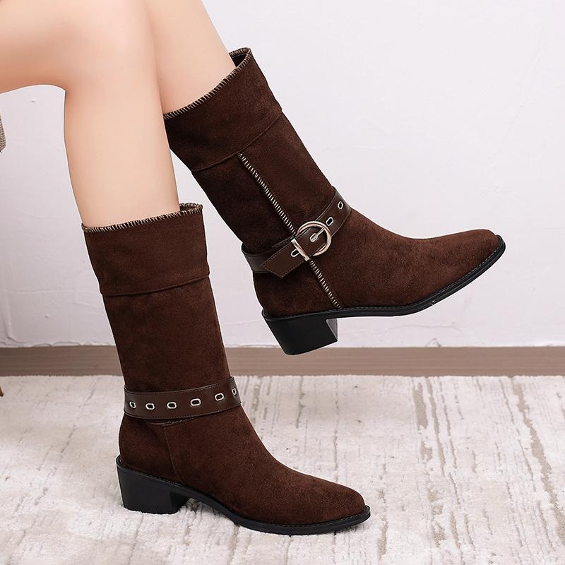 Suede Mid-Tube Boots Autumn New Pointed Toe Sleeve Belt Buckle Soft Sole Non-Slip Block Heel Skinny Boots