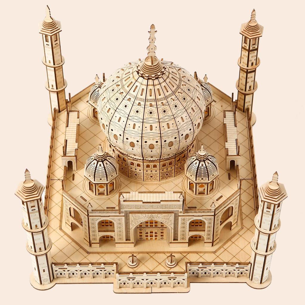 Hallisun 3D Wooden Puzzle Taj Mahal Wooden Model with LED Light India Building Building 3D Puzzle Craft Handicraft DIY Mechanical Assembly Kit for