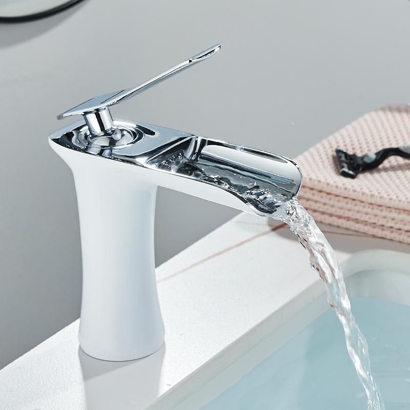 White Chrome Basin Faucets Waterfall Bathroom Faucet Single Handle Hot Cold Water Basin Mixer Tap Bath Sink Water Crane Bathroom