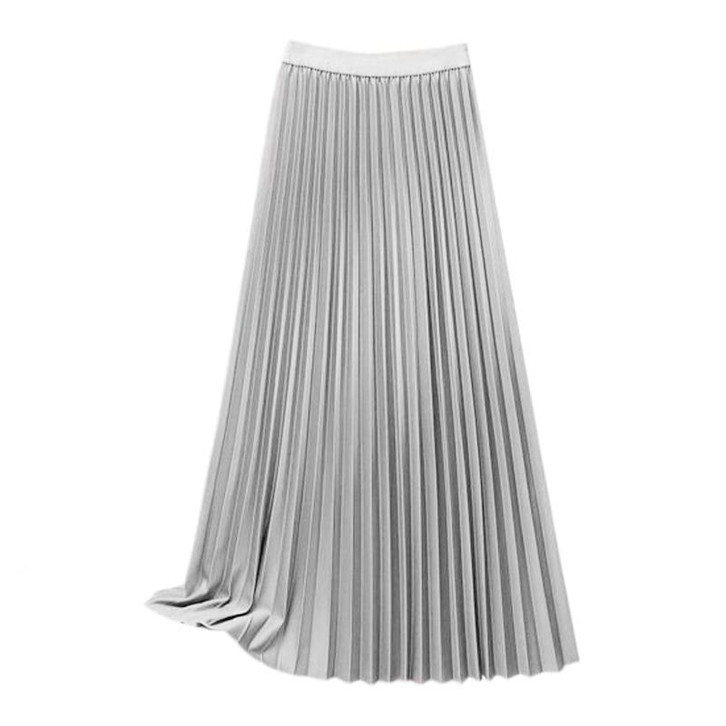 Women Maxi Skirt Elastic High Waist Pleated Skirt Solid Color Smooth Satin A-Line Skirt Work Leisure Wear