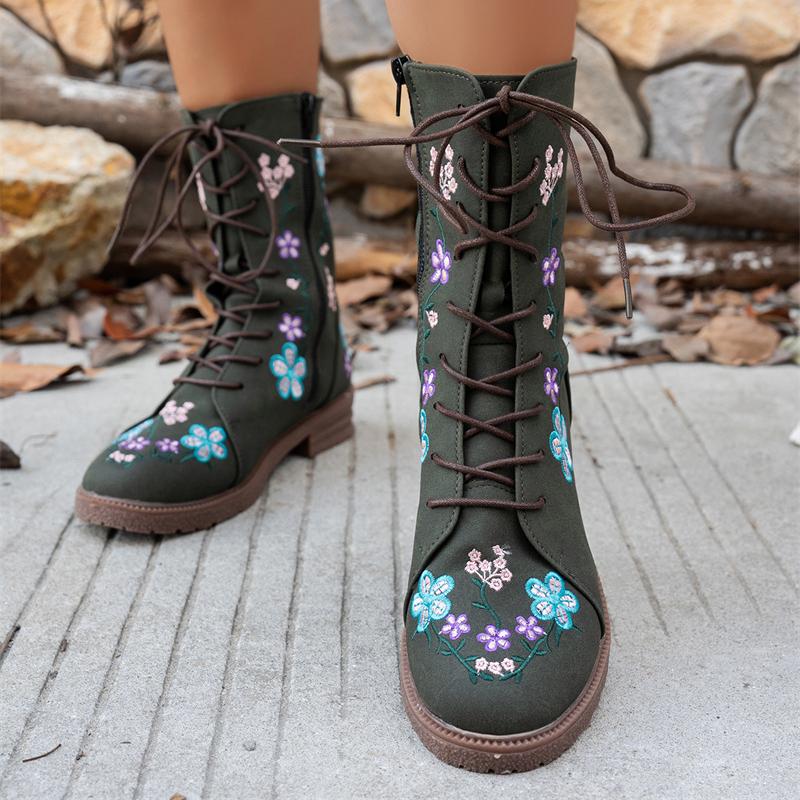 Woman Ankle Boots New Embroidery Big Size Flower Boots Women Autumn Winter Lace Up Comfortable Shoes for Women Botas De Mujer