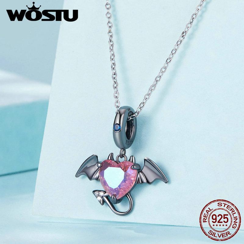 WOSTU 925 Sterling Silver Black Devil Pendant Charms Stone Heart Beads for Women DIY Jewelry Gift Making