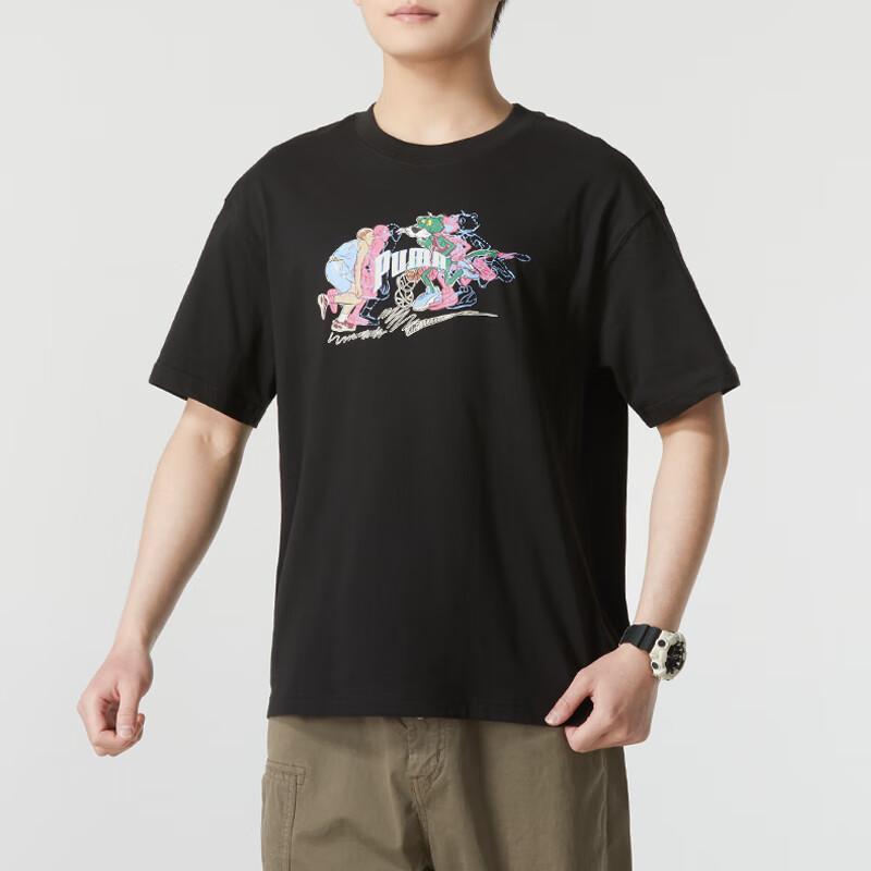 Puma Cartoon Anime Running Fitness Training Round Neck Short Sleeve Comfortable Breathable Casual T-Shirt Men Tops Black 629400-01