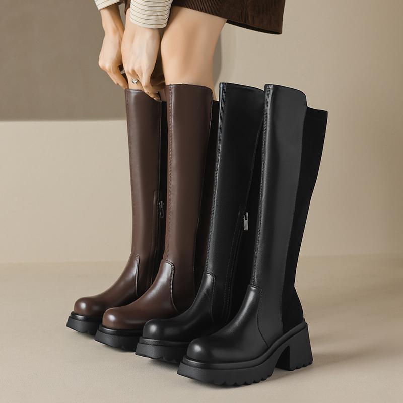 Krazing Pot Microfiber Autumn Winter Shoes Patch Work Platform Boots Round Toe Keep Warm Thick Bottom Thigh High Boots