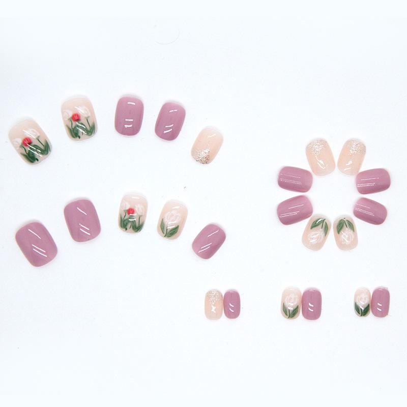 24pcs/set Tulip Manicure Glitter False Nails Finished Wearable Nail Stickers Press On Nail