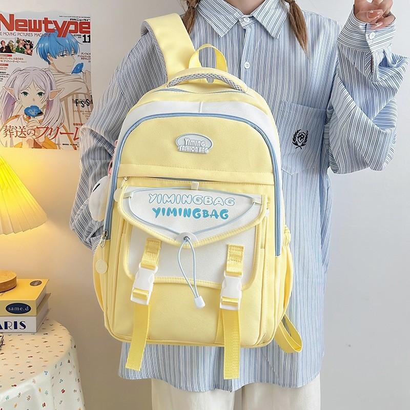 Color Cute Blocked Letter Printed Student Leisure Backpack With Pendant Plush