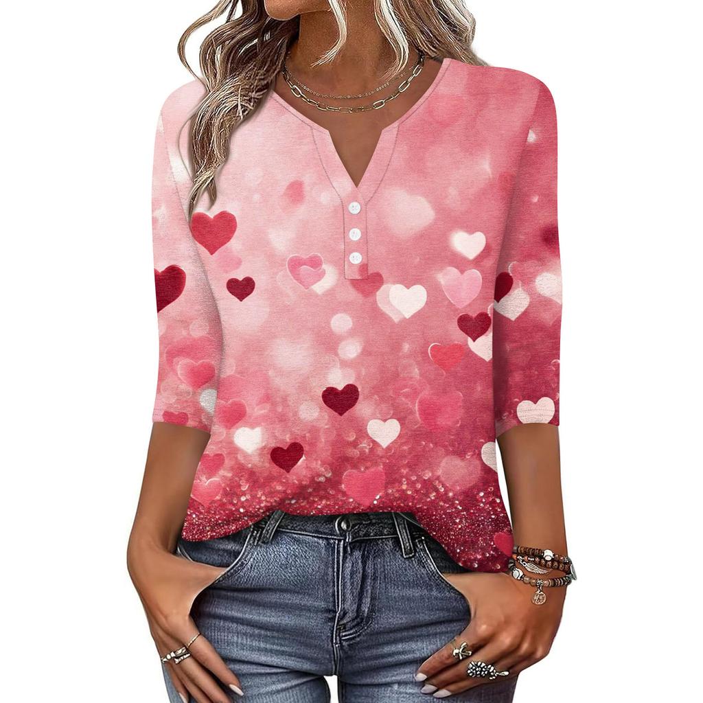 Жен. Футболка С принтом Пуговицы Рукав 3/4 Повседневные Выходные Мода Классический Классический V-образный вырез Обычный Верх