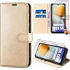 Case + 2 Tempered Glasses for Samsung Galaxy M23 5G, Golden Leather Effect Case with Magnetic Closure