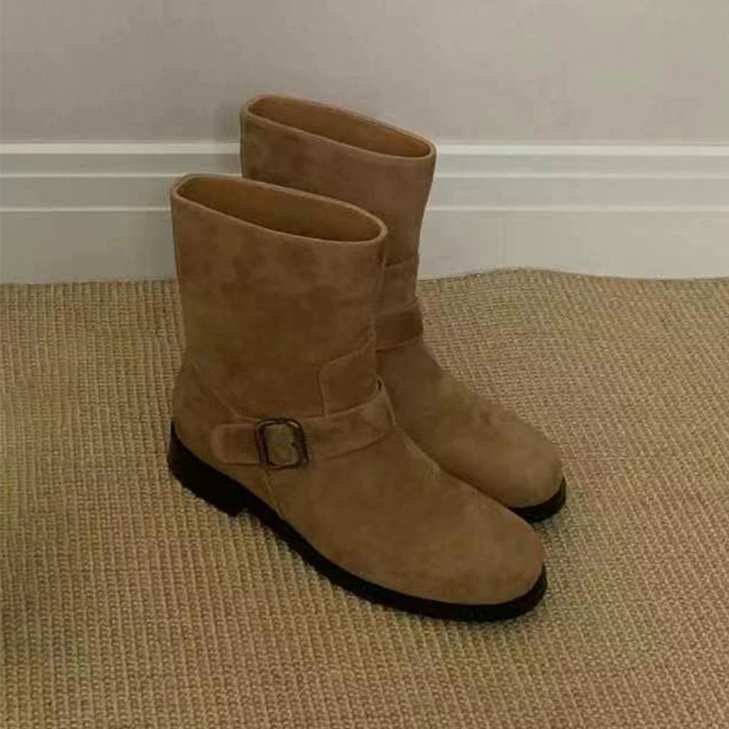 Sheepskin Version~ Retro Suede Matte Round Head Thick Heel Belt Buckle Short Boots Women's 2025 Western Cowboy Boots Martin Boots