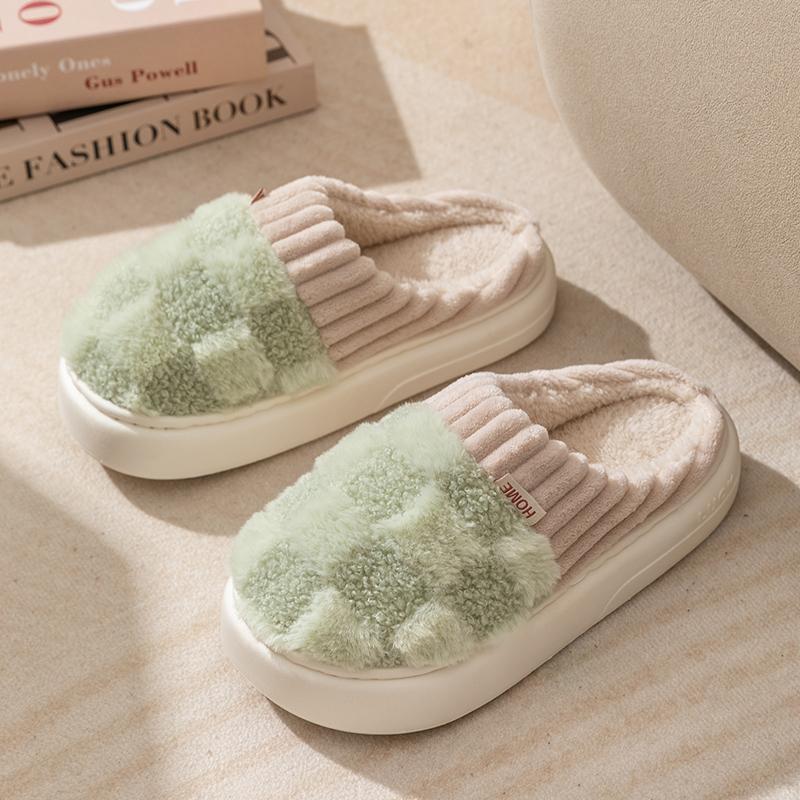 Couple Winter Toe Wrap Warm Plaid Cotton Slippers Thick Soft Sole Slides Men Women Indoor Floor Flat Home Non-slip Shoes