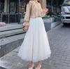 Qooth Elastic Waist 3 Layers Mesh Long Tulle Skirt Spring Autumn Elegant Vintage High Waist Ball Gown Gauze Tutu Skirt QT2001