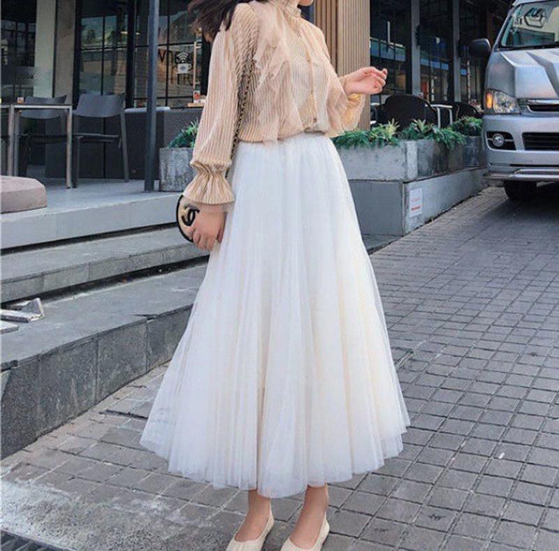 Qooth Elastic Waist 3 Layers Mesh Long Tulle Skirt Spring Autumn Elegant Vintage High Waist Ball Gown Gauze Tutu Skirt QT2001