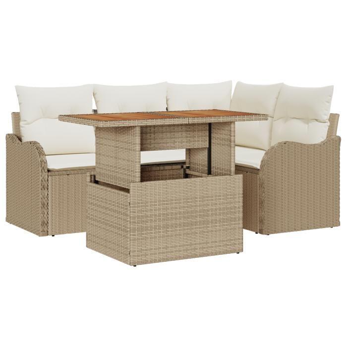 Canapé de Jardin 5 Pièces avec Coussins Beige Poly Rattan Acacia, Canapé de Jardin 2 Places avec Coussins Beige Poly Rattan 3349455