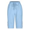 Women Summer Shorts Elastic Waistband Adjustable Drawstring Casual Pants with Pockets Solid Color Buttons Decor Knee-length Pants