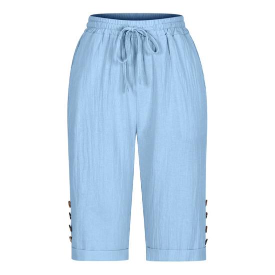 Women Summer Shorts Elastic Waistband Adjustable Drawstring Casual Pants with Pockets Solid Color Buttons Decor Knee-length Pants