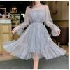 Spring Summer Elegant Female O-neck Stars Sequined Mesh Shiny Fairy Dress Women Elegant Bling Gauze Princess Puff Dresses