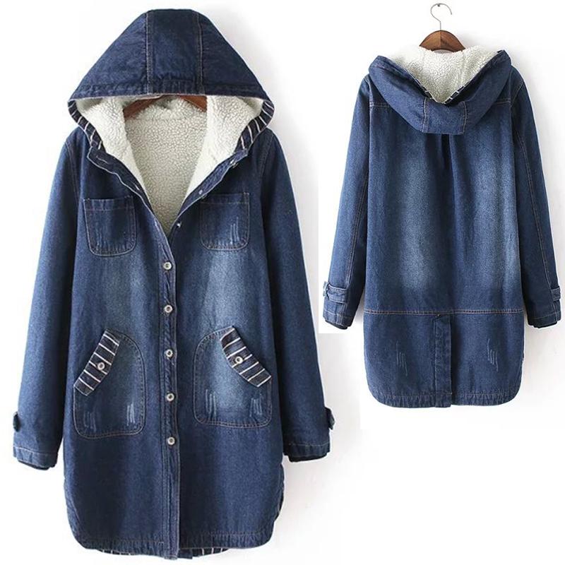 Fashion Women Jeans Top Thickening Denim Hoodie Blouse Long Sleeve Loose Coat