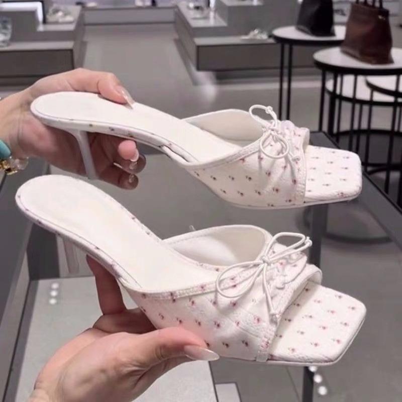Fashion Women's Shoes 2025 Fashion New Summer Outdoor Peep Toe Women's Slippers Square Toe Stiletto Butterfly-knot Slippers