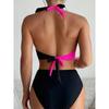 Women's European & American Color Block Backless High Waist Bikini Set
