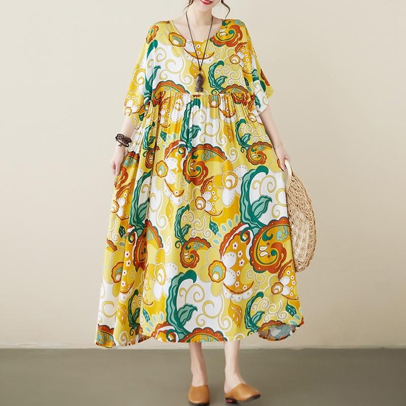 GMXIA Plus-size Women's Summer Chinese Style Flower Print Retro Artsy Dress Fat MM Skirt