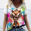 Funny Animals Women's T Shirt 3d Colorful Tie-Dye Print V-Neck Short Sleeve Tops Fashion Oversize Streetwear Woman Clothing 2024