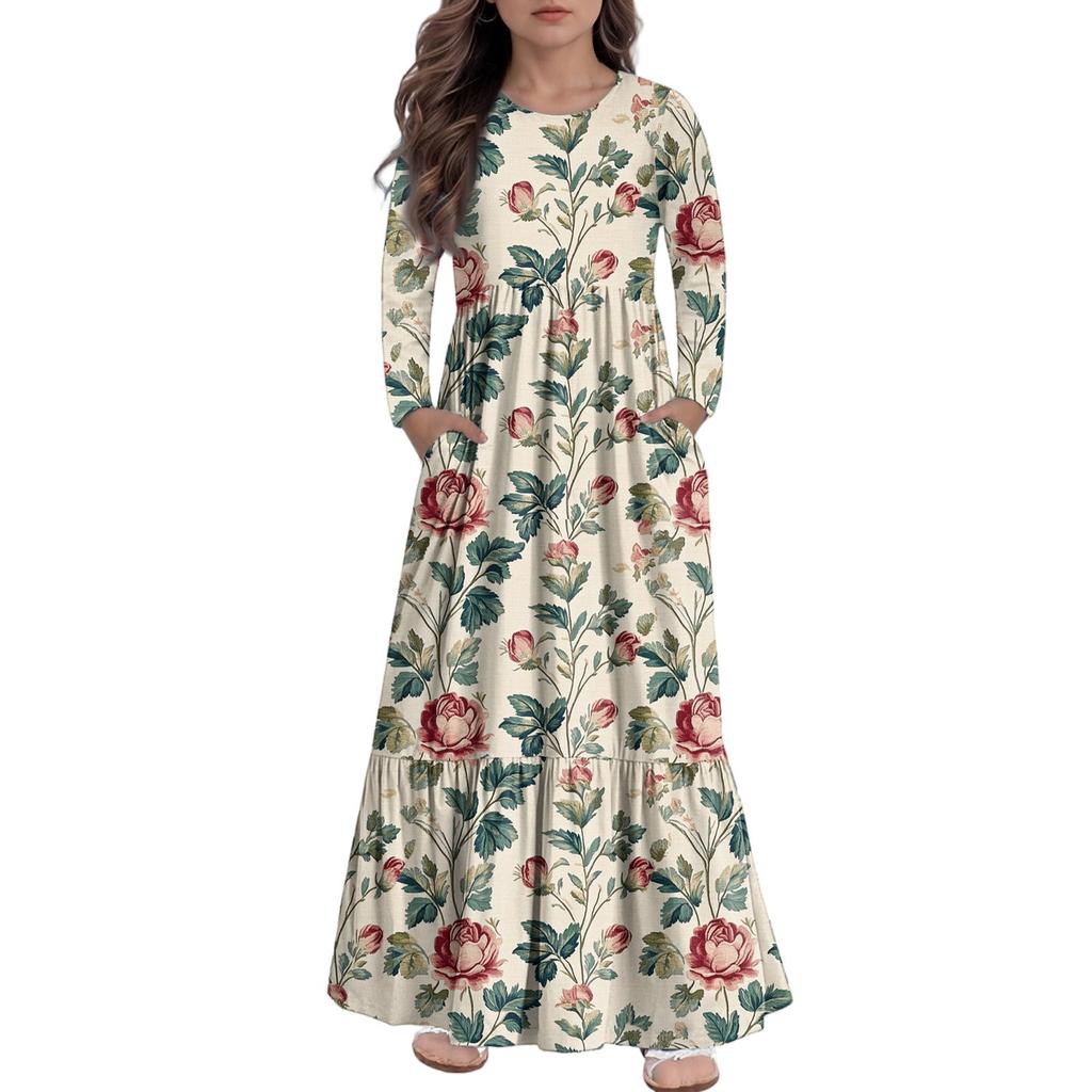 Girls' Maxi Dress Casual Holiday Dresses - Long Sleeve Dress With Pockets For 4-14Y