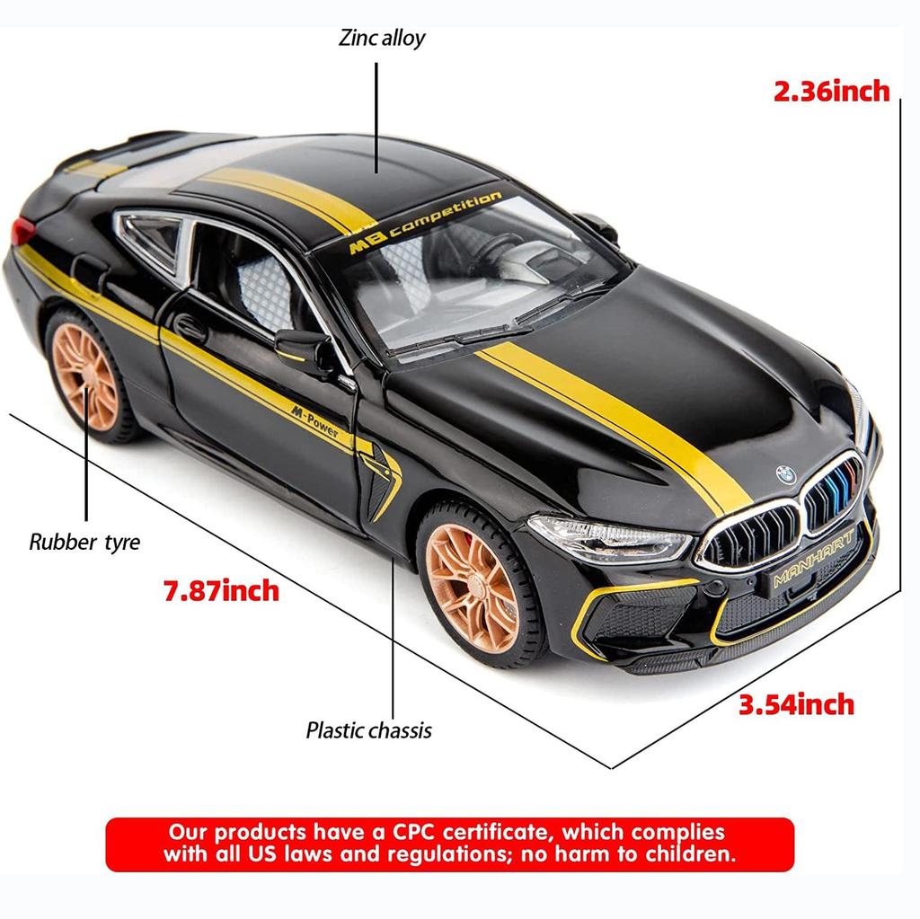 1:24 Scale M8 Model Car, Zinc Alloy Pull Back Toy Car with Sound and Light for Kids Boy Girl