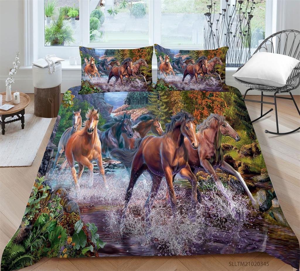 3D Horse Pattern Bedding Single Double Bed Full Size Animal Print Pillowcase and Quilt Cover Microfiber Washable Home Decoration