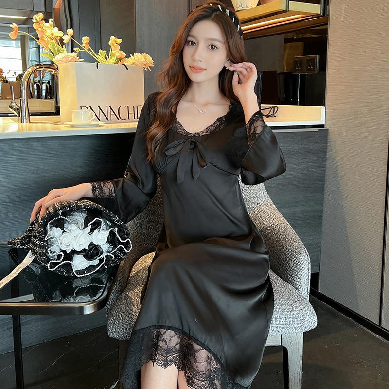 Women's Sexy Spring and Autumn Nightdress Ladies Sweet Lace Ice Silk Loungewear Long Sleeve Homewear