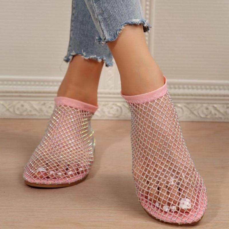 Summer New Large Size Round Head Sandals with Diamonds Short Boots Flat Bottom Hollow Sandals Women