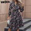 Women's Fashion Summer Spring Floral Print Long Sleeve V-Neck High Waist Casual Dresses