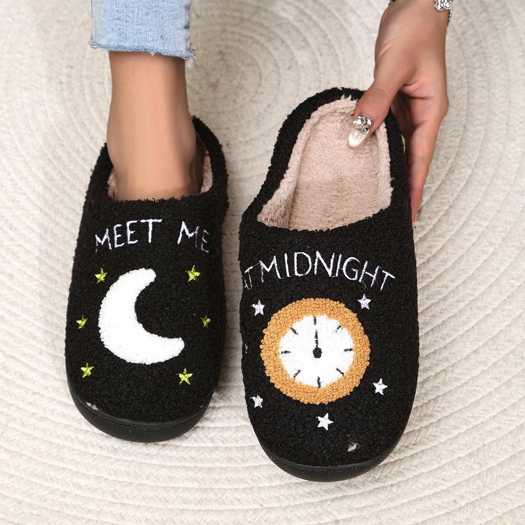 Winter Cotton Slippers for Men and Women Couples Home Moon Clock Warm Indoor Cotton Slippers