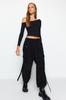 Women's Fashion New Blouse Black One Shoulder Cotton Stretchy Fitted Bodycon Crop Knitted Blouse