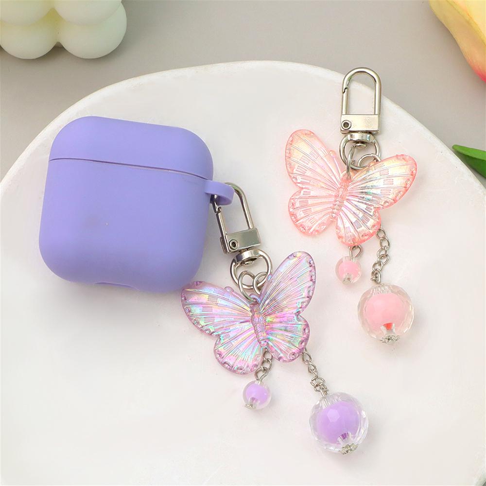 Cute Acrylic Butterfly Keychain Transparant Round Ball Tassel Keyring Women Bag Charm Earphone Case Car Key Pendant DIY Ornament