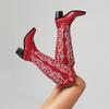 Fashion IPPEUM Cowboy Boots Red Embroider Knee High Chunky Heel Cowgirl Women Western Shoes