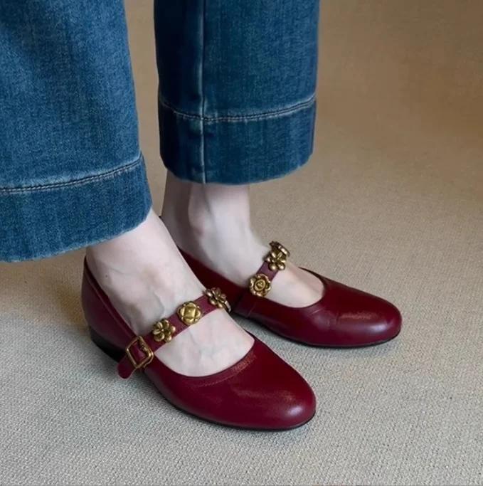 Metal Buckle Genuine Leather Women Mary Jane Shoes Women's French Shallow Mouth Single Shoes Low Heel Temperament Ballet Shoes