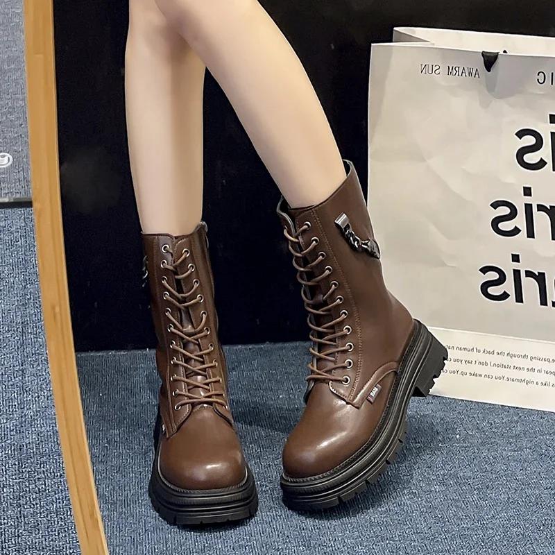 Fashion 2024 Hot Sale Shoes Female Lace Up Zipper Women's Boots Autumn Round Toe Solid Short Barrel Platform Water Proof Fashion Boots