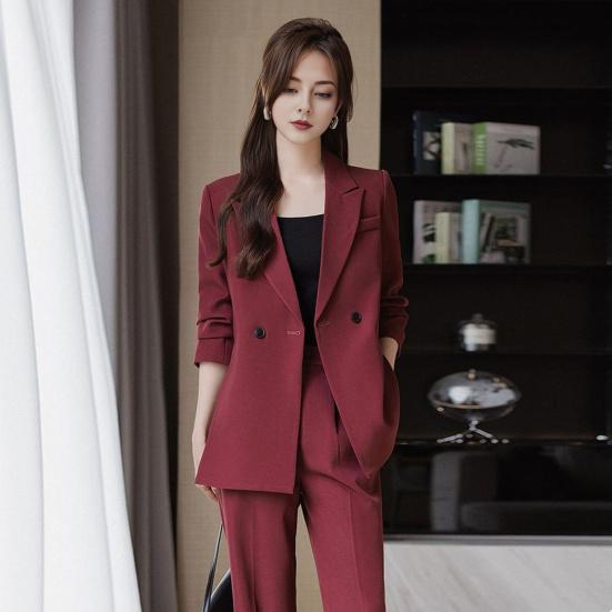 3 Pcs/Set Lady Formal Suit Coat Pants Set Turn-down Collar Button Decor Long Sleeves Jacket Loose Pure Color Trousers Casual Commuting Business Outfit