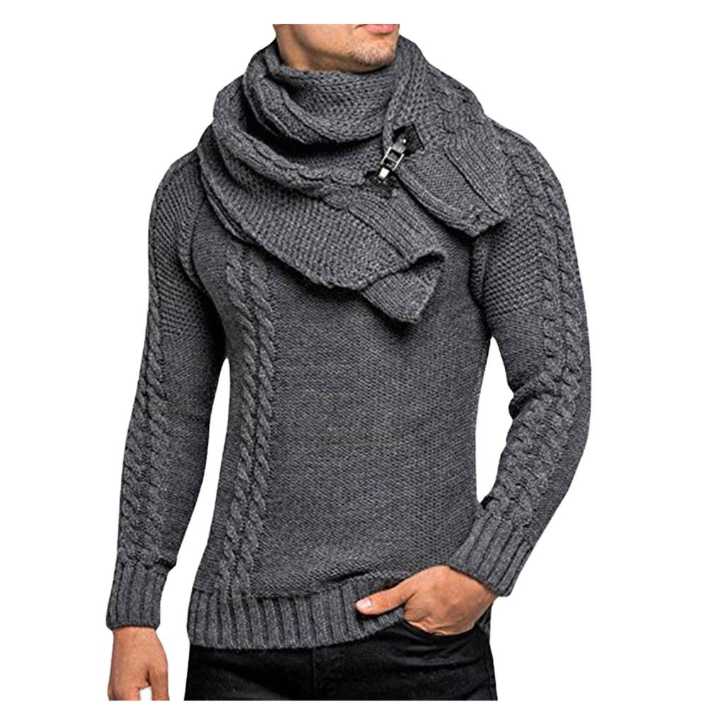 Men's Winter Casual Neck Wrap Head Long Sleeve Sweater In Solid Color