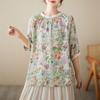 Summer Breathable Top for Women Vintage Floral Printed Cotton Linen Blouse Casual Round Neck Three Quarter Sleeve Shirt