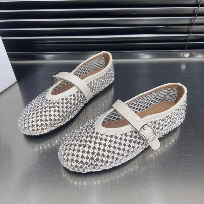 Fashion Women's Flat Sandals Blingbling Crystal Mesh Women's Ballet Flats Buckle Strap Mary Jane Shoes Size35-42