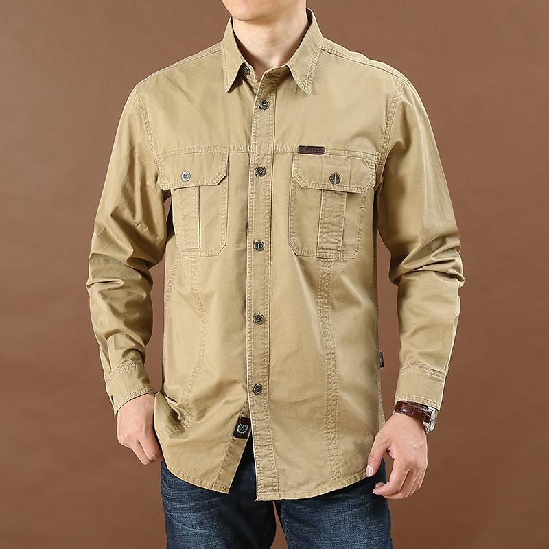 Men's Casual Loose-Fit Long-Sleeve Shirt - Solid Color, Large Size, Autumn Workwear with Pocket