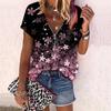 Women's Top Summer New Fashion Rose Flower Pink Flowers Printed Casual Zipper V-neck Short Sleeve Top