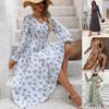 Women's Long Sleeve Floral Split Maxi Dress with V-Neck, Elegant Casual Summer Dress