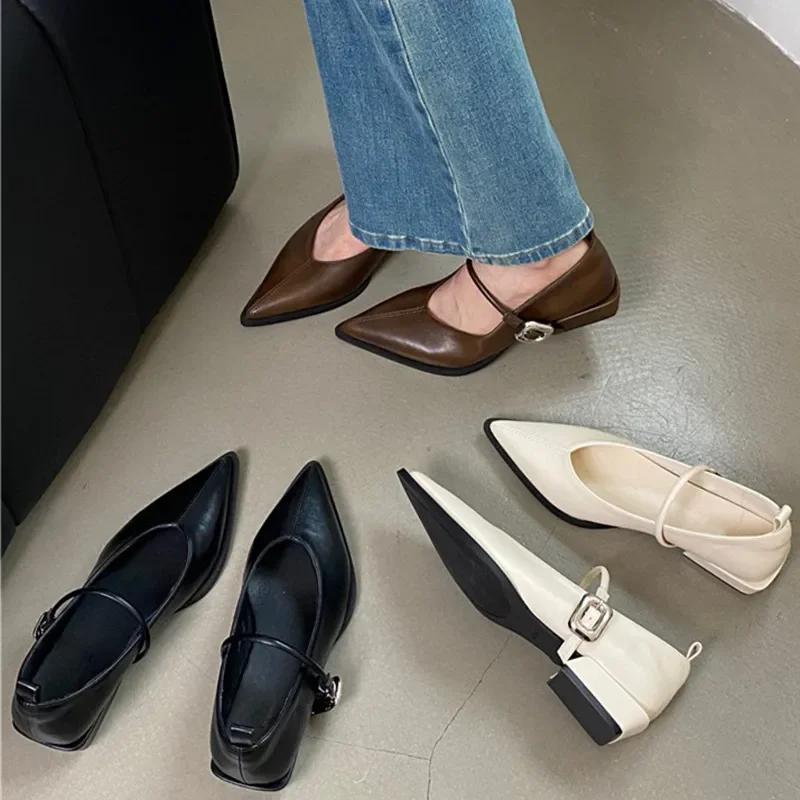 Fashion Pointed Toe Women Shoes Buckle Strap Solid Color Retro Designer Brand Low Heel Shallow Female Shoes Leather Concise Casual Shoes