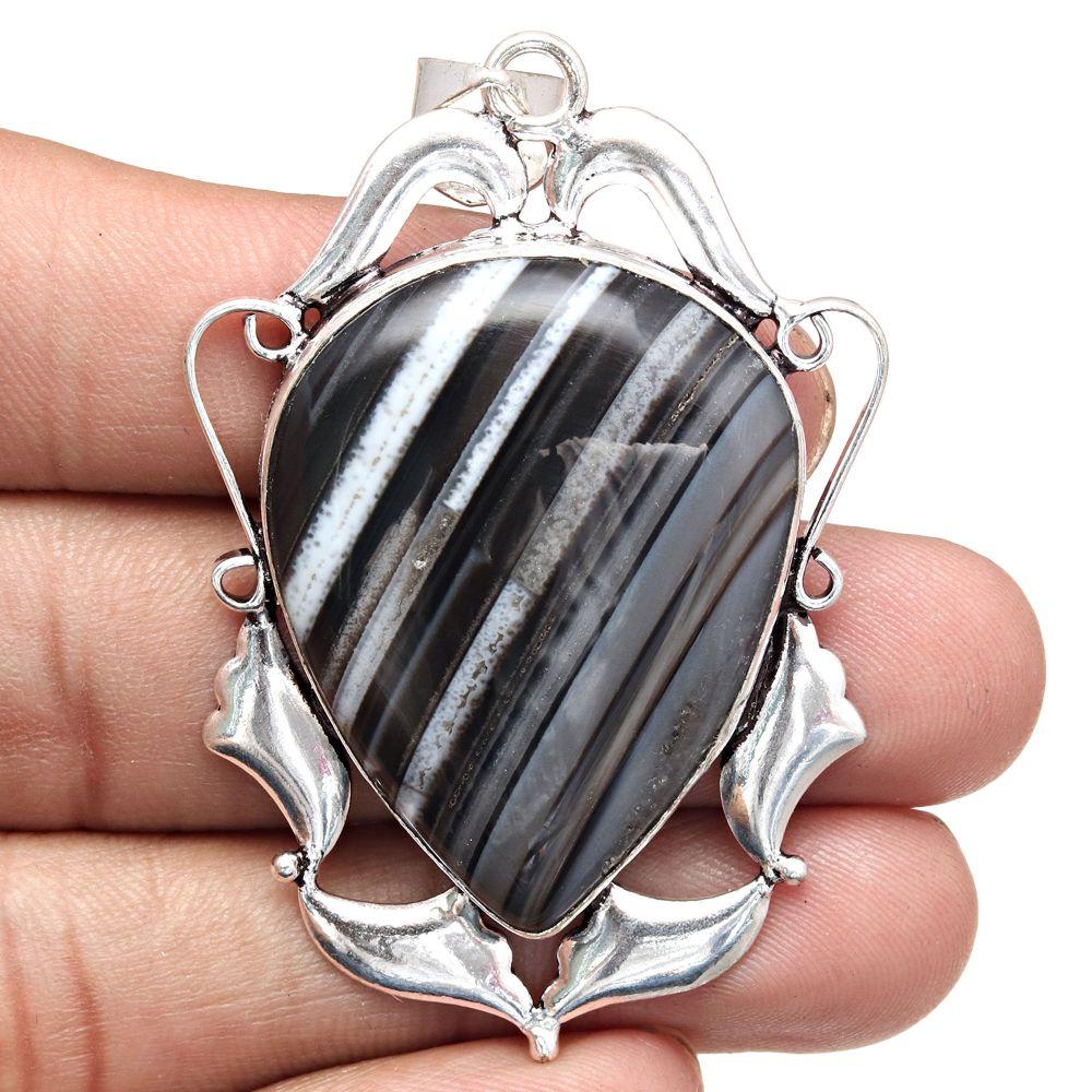 Pendant Grey Botswana Agate Gemstone Mother's Day Gift Silver Jewelry 2.5"