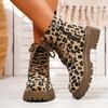 Women's Leopard Print Boots, Side Zipper Comfortable Thick Bottom Flat Boots, Winter Round Toe Short Boots