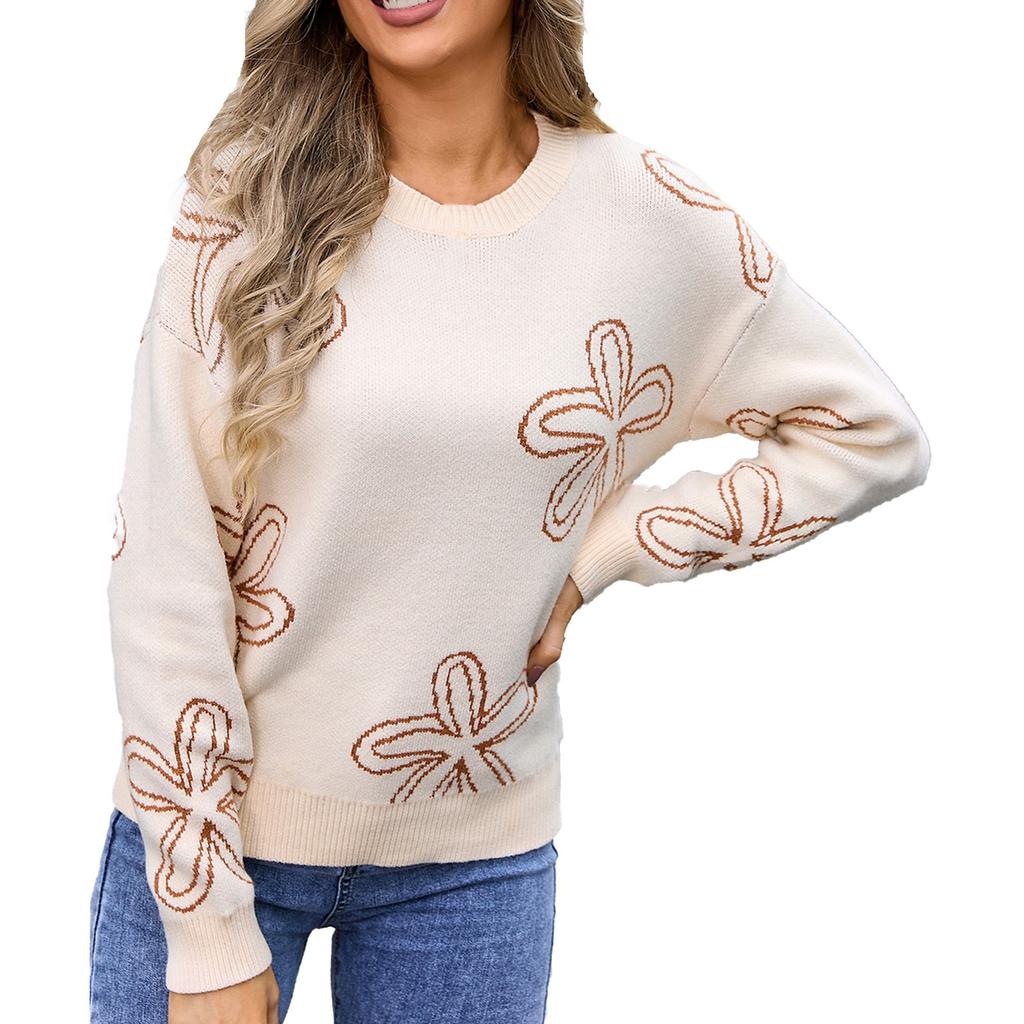 Women's Casual Fashion Comfortable Round Neck Pullover Contrast Color Flower Long Sleeve Street Trend Knitted Sweater